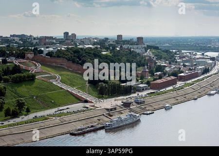 Vue aérienne du Kremlin historique de Nijni Novgorod le long de la pittoresque rivière Volga avec des bateaux et une végétation luxuriante, Nijni, Russie. Banque D'Images