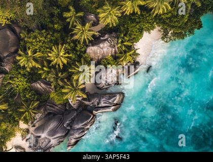 Vue aérienne de la Digue Beach, une belle plage tropicale le long du littoral à la Digue et les îles intérieures, Seychelles. Banque D'Images