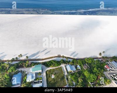 Vue aérienne de la récupération artificielle avec des palmiers, du sable et des maisons, Maradhoo, Maldives. Banque D'Images