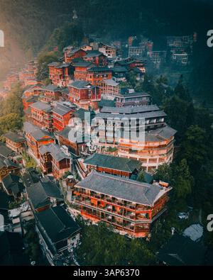 Vue aérienne du village de Miao à Guizhou, Chine Banque D'Images