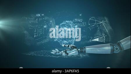 Globe de réseau de connexions sur main robotique contre équations mathématiques sur fond bleu Banque D'Images