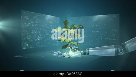 Image de la plante sur le bras du robot et du traitement des données sur les écrans Banque D'Images