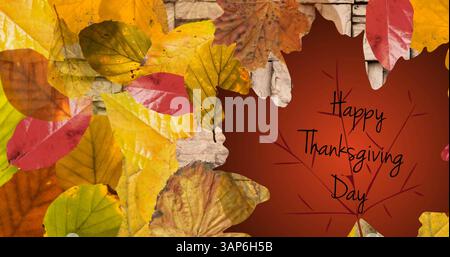 Image du texte de Thanksgiving sur fond de bois avec feuilles d'automne Banque D'Images