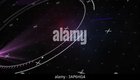 Image d'un scanner circulaire et d'oscilloscopes au-dessus de courants électriques colorés sur fond noir Banque D'Images