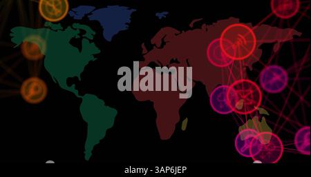 Image des réseaux de connexions avec des icônes sur la carte du monde Banque D'Images