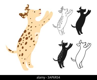 Ensemble d'illustration de bande dessinée dalmate de chien. Illustration vectorielle d'une couleur de chien de carlin, silhouette contour noir et blanc et ligne minimale Conception simple pour les enfants animaux de compagnie projets de marque éducative Illustration de Vecteur