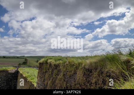 Champs verts vus des murs de pierre du fort Charles sur le port de Kinsale dans le comté de Cork, Irlande, sous un ciel bleu partiellement nuageux. Banque D'Images