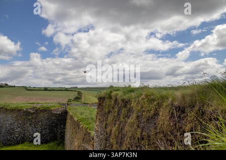 Champs verts vus des murs de pierre du fort Charles sur le port de Kinsale dans le comté de Cork, Irlande, sous un ciel bleu partiellement nuageux. Banque D'Images