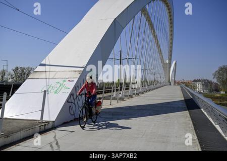 Cycliste sur le pont Beatus-Rhenanus, pont de tramway sur le Rhin, Kehl, Ortenaukreis, Bade-Wuertemberg, Allemagne, Europe Banque D'Images