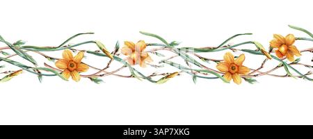 Bordure sans couture faite de saule, de branches de saule et de jonquilles jaunes. Motif horizontal. Illustration aquarelle Banque D'Images