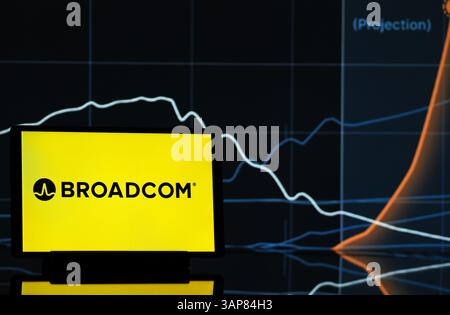 Allemagne. 15 avril 2025. Dans cette illustration photo, le logo Broadcom Inc est affiché sur un moniteur. (Photo de Igor Golovniov/SOPA images/SIPA USA) *** strictement à des fins éditoriales *** crédit : SIPA USA/Alamy Live News Banque D'Images