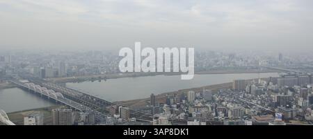 Skyline de la ville d'Osaka un jour brumeux, smog, Osaka, Japon, Asie Banque D'Images