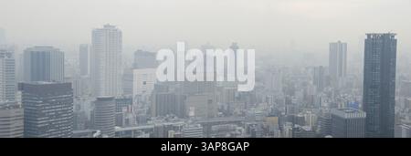Skyline de la ville d'Osaka un jour brumeux, smog, Osaka, Japon, Asie Banque D'Images
