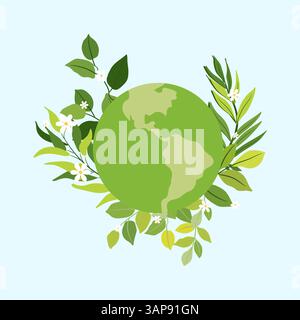Terre verte entourée de feuilles fraîches et de fleurs blanches pour le jour de la Terre Illustration de Vecteur