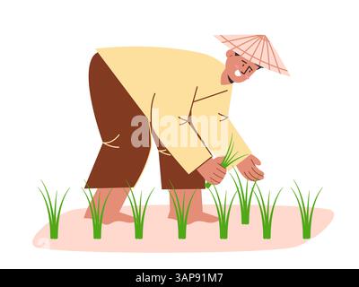 Plantation de plantes de riz paddy agriculteur traditionnel agriculture portant chapeau travaillant à plat illustration de dessin animé activités agricoles dans le champ Illustration de Vecteur