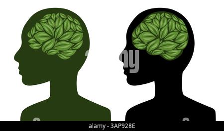 Ensemble vectoriel de silhouette d'une personne avec un cerveau fait de feuilles. La santé mentale. Collection de personnes écologiques avec un cerveau de feuillages pour autocollant et carte Illustration de Vecteur