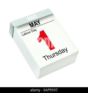 Calendrier 2025 1er mai Fête du travail isolé sur fond blanc Banque D'Images
