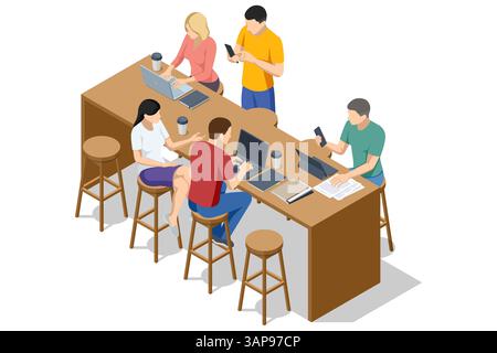 Un espace de coworking isométrique occupé où plusieurs personnes travaillent ensemble à une table haute avec des ordinateurs portables et du café. Gestion de projet, discussion d'équipe Illustration de Vecteur