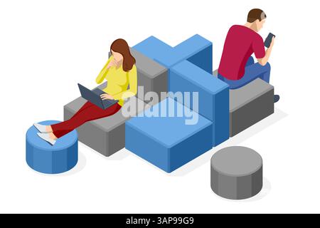 Illustration vectorielle isométrique d'individus travaillant indépendamment dans un coin salon de coworking calme. Gestion de projet, discussion d'équipe. Projet Illustration de Vecteur
