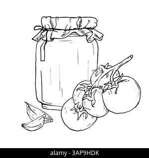 Un pot en verre attaché avec une serviette et une corde de chanvre. Tomates sur une branche et gousses d'ail, croquis à l'encre. Illustration vectorielle noir et blanc. Plats en céramique Illustration de Vecteur