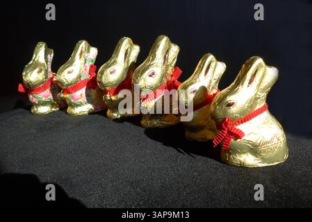 Lindt-Goldhasen in zwei verschiedenen Größen : 50 und 100 Gramm *** Lindt Gold Bunny en deux tailles différentes 50 et 100 grammes Banque D'Images