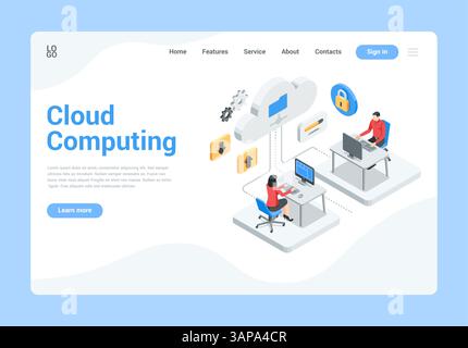 page de destination vectorielle isométrique cloud computing, en couleur sur un fond blanc, les gens travaillant sur un ordinateur avec des données du cloud Illustration de Vecteur