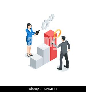 les gens d'affaires vectoriels isométriques analysant un graphique , en couleur sur un fond blanc, la recherche de données statistiques et le travail d'équipe professionnel Illustration de Vecteur