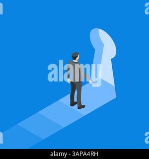 homme d'affaires vecteur isométrique se tient devant le trou de serrure, en couleur sur un fond bleu, mystère ou découverte de quelque chose de nouveau Illustration de Vecteur