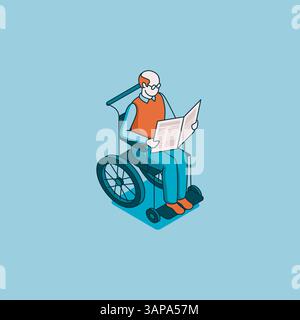 vecteur isométrique vieil homme dans un fauteuil roulant lisant un journal, en couleur sur un fond bleu, vieillesse ou personne handicapée Illustration de Vecteur