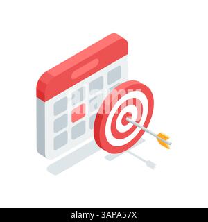 calendrier vectoriel isométrique et cible avec flèche, en couleur sur fond blanc, planifiant d'atteindre le succès de l'entreprise Illustration de Vecteur