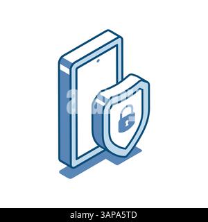 smartphone vectoriel isométrique et bouclier avec icône linéaire de verrouillage, en couleur sur fond blanc, protection de gadget ou mot de passe fort Illustration de Vecteur