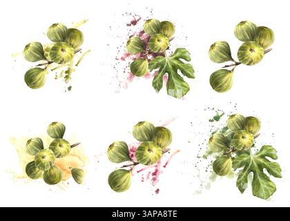 Ensemble de branches de figues. Fruits entiers mûrs et juteux avec des brindilles de feuilles sur fond tacheté jaune aquarelle, vert violet. Nourriture, clipart de plante pour Banque D'Images