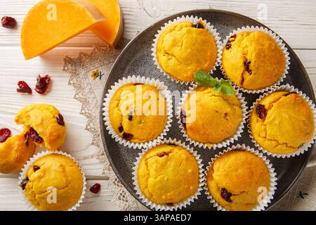 Muffins faits maison avec purée de citrouille, canneberges séchées et épices gros plan dans une assiette sur la table. Vue horizontale de dessus Banque D'Images