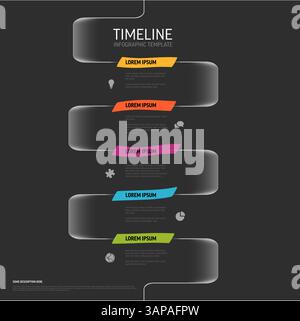 Un modèle d'infographie verticale de timeline sombre avec cinq sections vibrantes en orange, rouge, violet, bleu et vert. Chaque section comprend un titre, un lieu Illustration de Vecteur