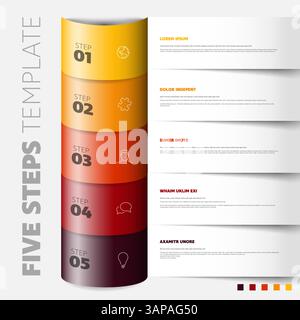 Un modèle d'infographie dynamique en cinq étapes avec des couleurs dégradées. Chaque étape est mise en évidence avec une couleur unique et contient des espaces réservés de texte pour customi Illustration de Vecteur
