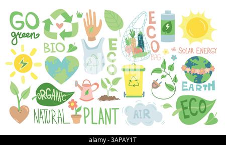 Illustration écologique avec icônes de recyclage, énergie verte, bac à compost, aliments biologiques et symboles de la Terre promouvant la durabilité et la vie naturelle Illustration de Vecteur