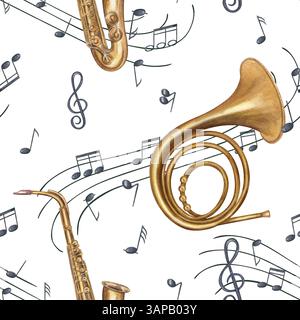 Instruments en laiton et notes de musique sur fond isolé de motif sans couture d'aquarelle de personnel ondulant. Cor français et saxophone parmi les sons volants Banque D'Images
