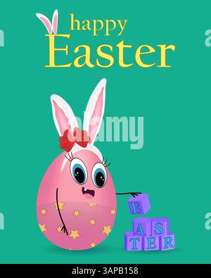 Carte de voeux avec des éléments 3D mettant en vedette une fille d'oeuf rose anthropomorphe habillée d'oreilles de lapin de Pâques jouant avec des cubes de bébé alphabet sur une turquoise Illustration de Vecteur