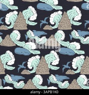 Modèle sans couture avec vagues et vie marine sur fond noir. Papier peint de chambre d'enfants de style dessiné à la main avec des créatures de l'océan et de l'eau Illustration de Vecteur
