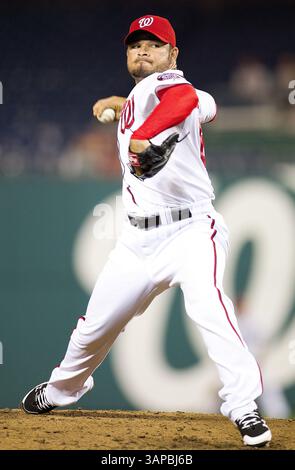 18 août 2011 - Washington, DC, États-Unis - le lanceur de secours des Nationals de Washington Henry Rodriguez (63) présente un terrain au Nationals Park à Washington, D.. C, jeudi 18 août 2011. (Crédit image : © Harry E. Walker/MCT/MCT/ZUMAPRESS.com) Banque D'Images