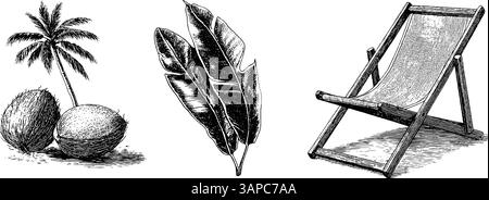 Illustration tropicale gravée avec chaise de plage et design noix de coco pour un décor d'été. Illustration de Vecteur