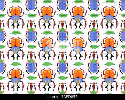 Motif vectoriel sans couture avec des coléoptères stylisés colorés et des feuilles vertes sur fond blanc. Style plat. Idéal pour les thèmes jeunes et enfants, textiles, décoration de pépinière, papier d'emballage, papeterie. Illustration de Vecteur