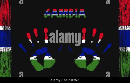 Drapeau vecteur de Gambie sous la forme de palmiers pacifiques avec du texte et des coups de pinceau sur un fond noir Illustration de Vecteur