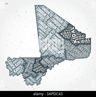 Nuages de mots des régions du Mali. Forme de pays sur fond texturé. Mali design dans un style typographique. Illustration vectorielle rétro. Illustration de Vecteur