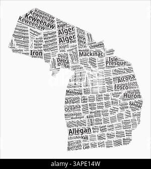 Michigan Text style Counties. La région d'état nomme les nuages de mots en langue anglaise. Illustration vectorielle impressionnante. Illustration de Vecteur