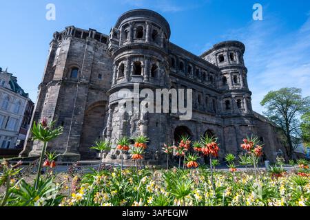 Trèves, Allemagne. 14 avril 2025. La Porta Nigra, anciennement aussi connue sous le nom de Porta Martis et la porte romaine, est une ancienne porte romaine de la ville sur la place Porta Nigra construite à partir de 170 après JC et un point de repère de la ville de Trèves. Crédit : Harald Tittel/dpa/Alamy Live News Banque D'Images