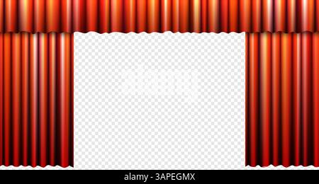 Rideau de velours rouge ouvert sur scène théâtrale avec vue panoramique. Toile de fond vectorielle élégante pour une performance classique, un événement glamour, un cinéma, un concert, une conférence ou une maquette de présentation dramatique. Illustration de Vecteur