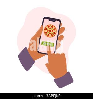 Mains avec téléphone choisir pizza. Commandez de la restauration rapide avec l'application mobile. Service de livraison de pizza. Illustration vectorielle plate isolée sur fond blanc. Banque D'Images