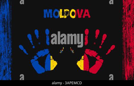 Drapeau vecteur de Moldavie sous la forme de palmiers pacifiques avec du texte et des coups de pinceau sur un fond noir Illustration de Vecteur