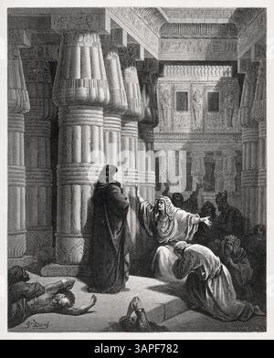 Gravure représentant les Égyptiens demandant à Moïse de partir réalisée en 1866 par Gustave Doré pour illustrer une nouvelle édition de la Sainte Bible. Banque D'Images